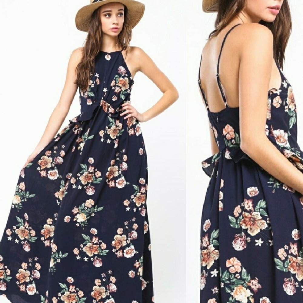 Last One! Size S! Navy Floral Maxi Dress - Picture 5 of 6